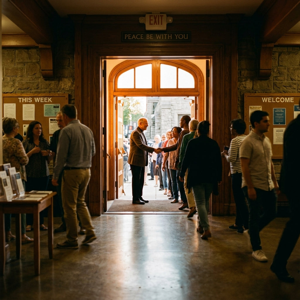 Anxious church visitor looking at a crowded lobby exit line with a pastor shaking hands in the distance