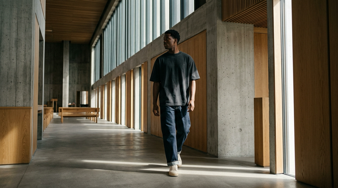 A young man in a heavyweight black streetwear tee and selvedge denim standing thoughtfully in the minimalist concrete corridor of a modern church.
