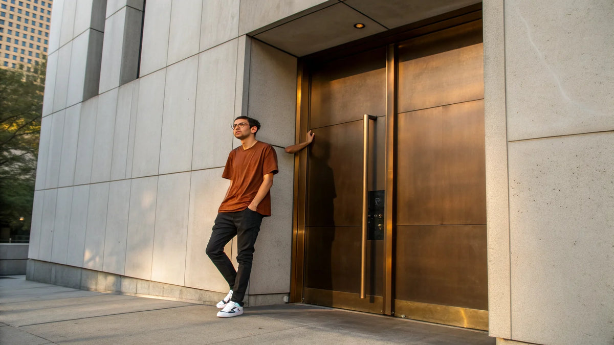 Young man in vintage washed boxy streetwear tee pausing peacefully at a massive modern bronze church entrance door