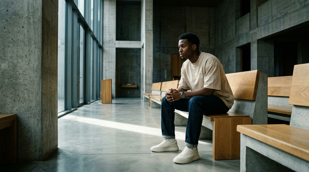 Young man in heavyweight streetwear standing thoughtfully inside a modern architectural concrete church foyer