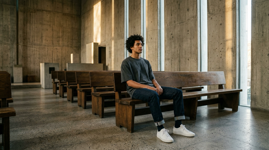 Cinematic wide 16:9 view of a modern brutalist concrete church sanctuary with golden morning sunlight