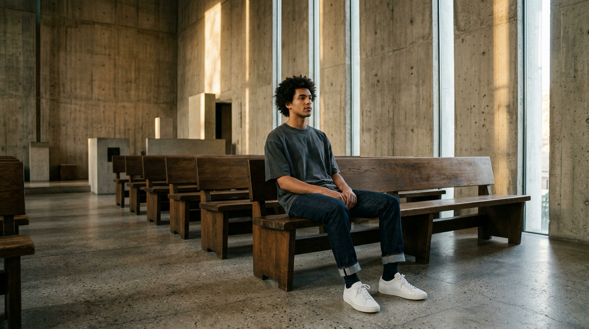 Cinematic wide 16:9 view of a modern brutalist concrete church sanctuary with golden morning sunlight
