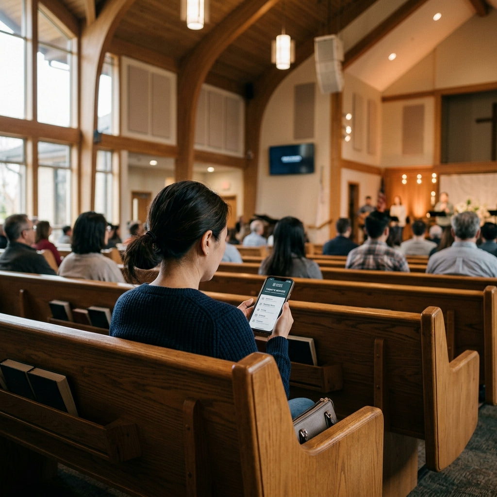 Smartphone scanning a QR code on a wooden church pew