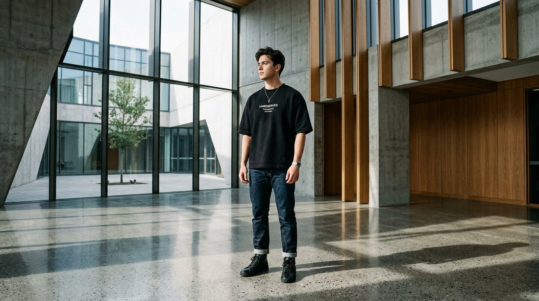 Editorial lookbook photograph of a young adult in modern streetwear standing in a brutalist concrete church atrium