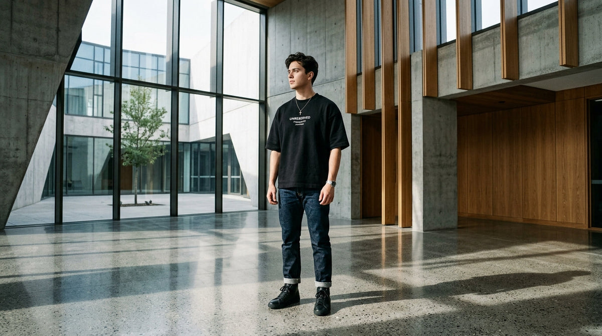 Editorial lookbook photograph of a young adult in modern streetwear standing in a brutalist concrete church atrium