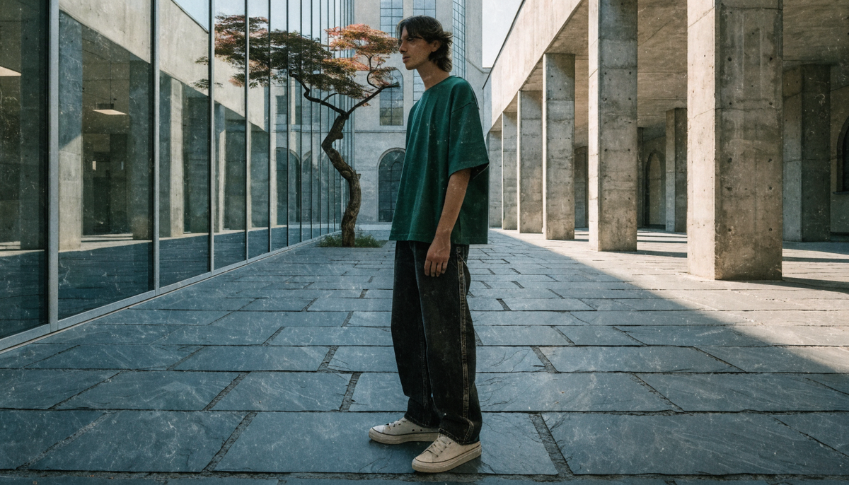 Thoughtful young believer in forest green streetwear standing in tranquil glass-walled church courtyard cloister