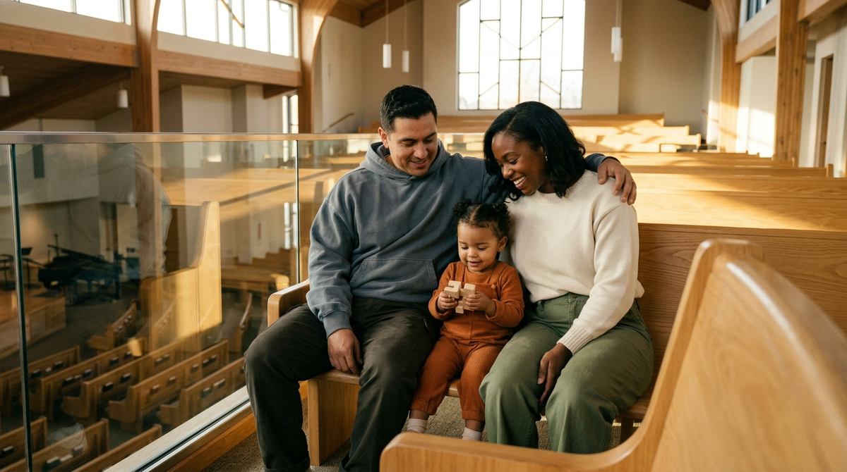 Young stylish parents in contemporary Christian streetwear standing peacefully with their toddler overlooking a sunlit church sanctuary mezzanine