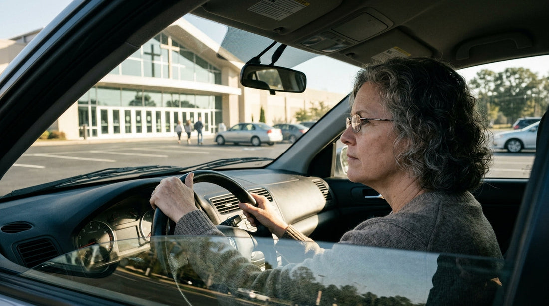 Person sitting in driver seat of a car staring at a church entrance on Sunday morning