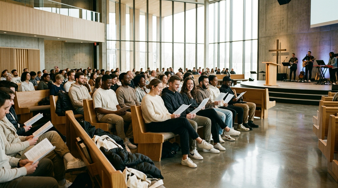 Cinematic wide shot of a modern church sanctuary with high ceilings, polished concrete floors, and believers holding order of service booklets