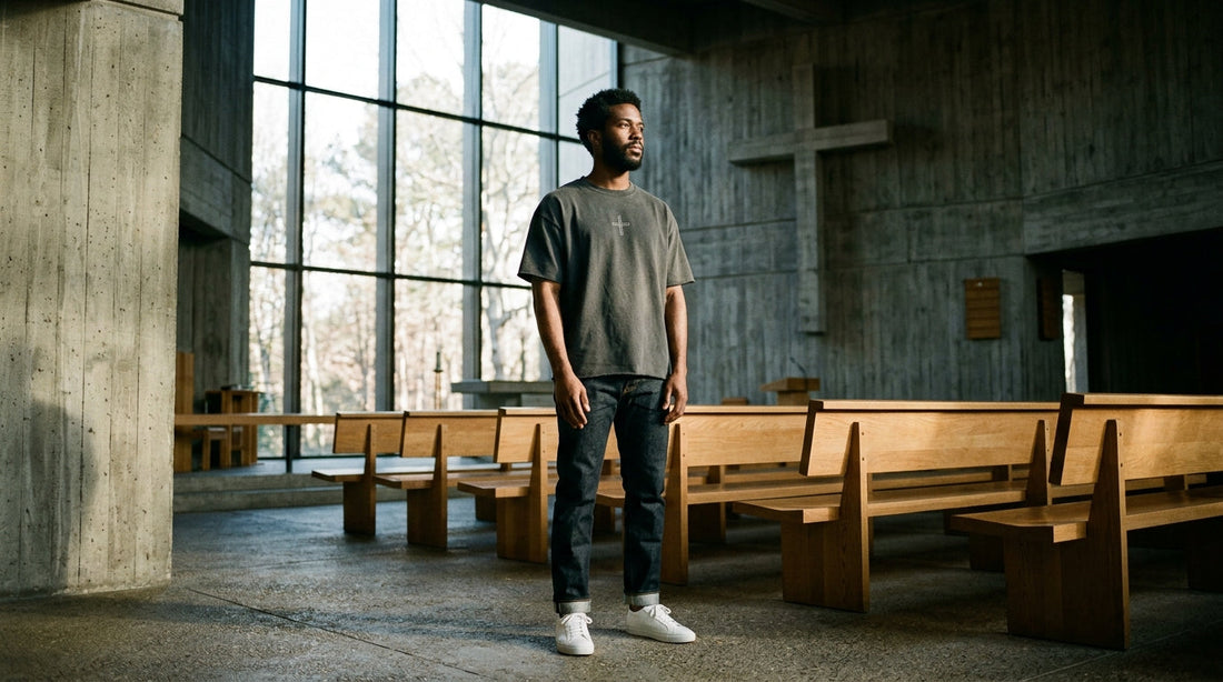 Visitor standing calmly in a modern architectural church foyer wearing luxury streetwear