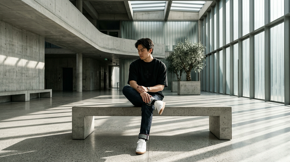 Architectural wide shot of modern concrete and glass church atrium with natural morning lighting