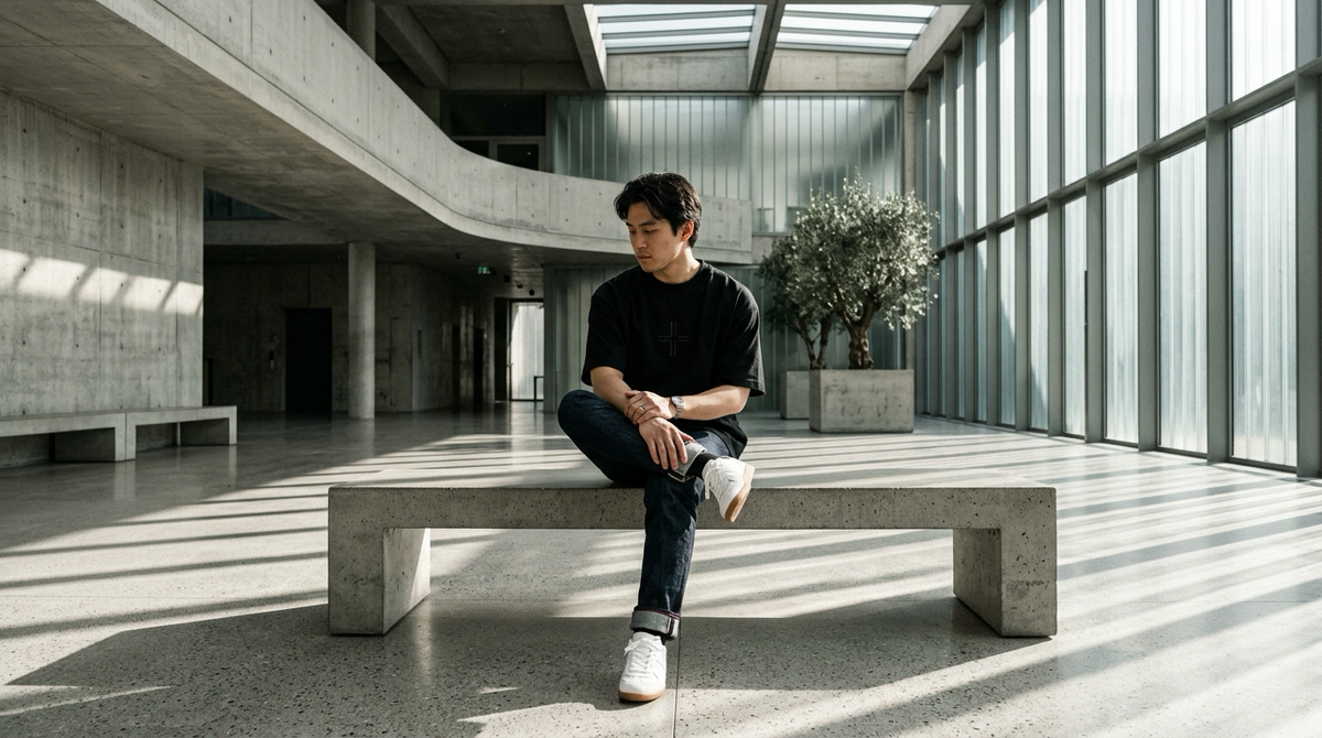 Architectural wide shot of modern concrete and glass church atrium with natural morning lighting