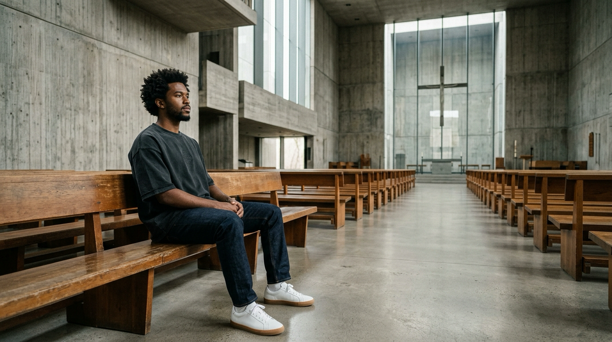 First time church visitor sitting thoughtfully in modern architectural pew sanctuary
