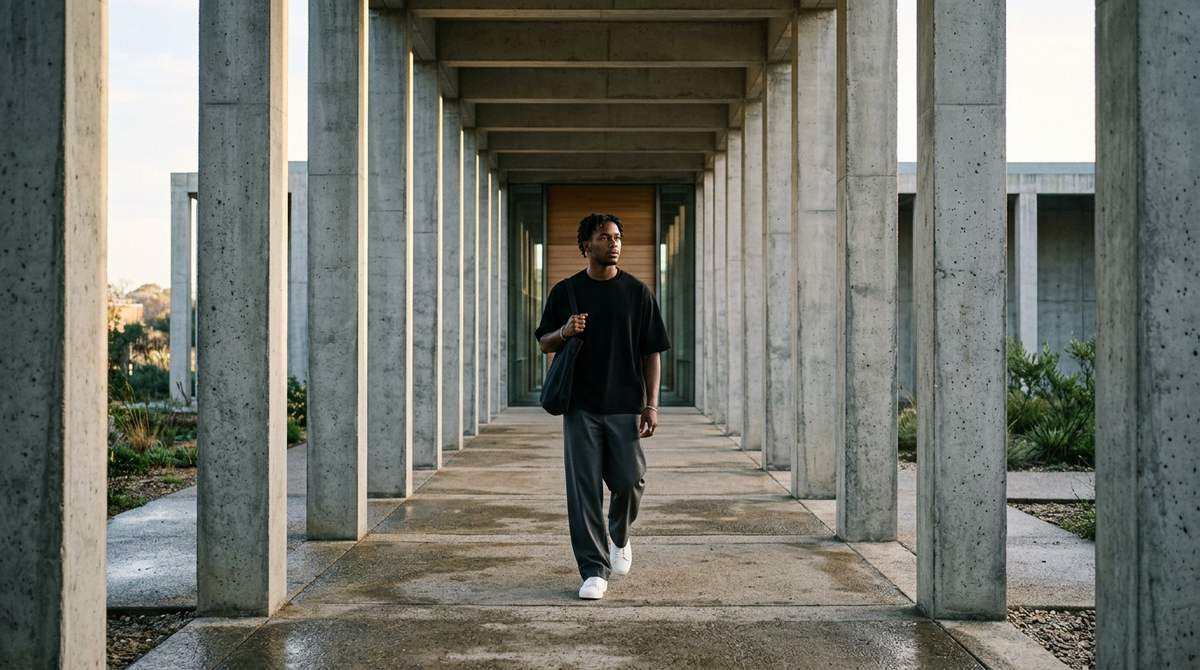 Reflective young man in charcoal dropped-shoulder streetwear standing peacefully by brutalist concrete sanctuary colonnade