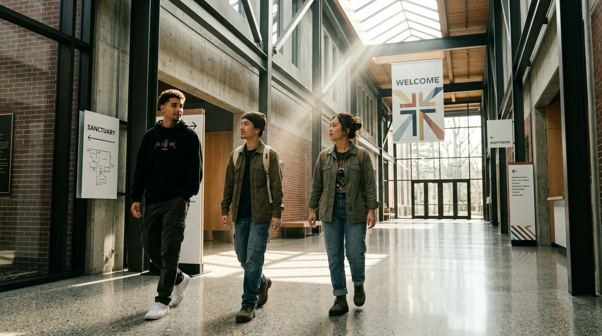 Two stylish young adults walking through sunlit church atrium with modern architectural lines