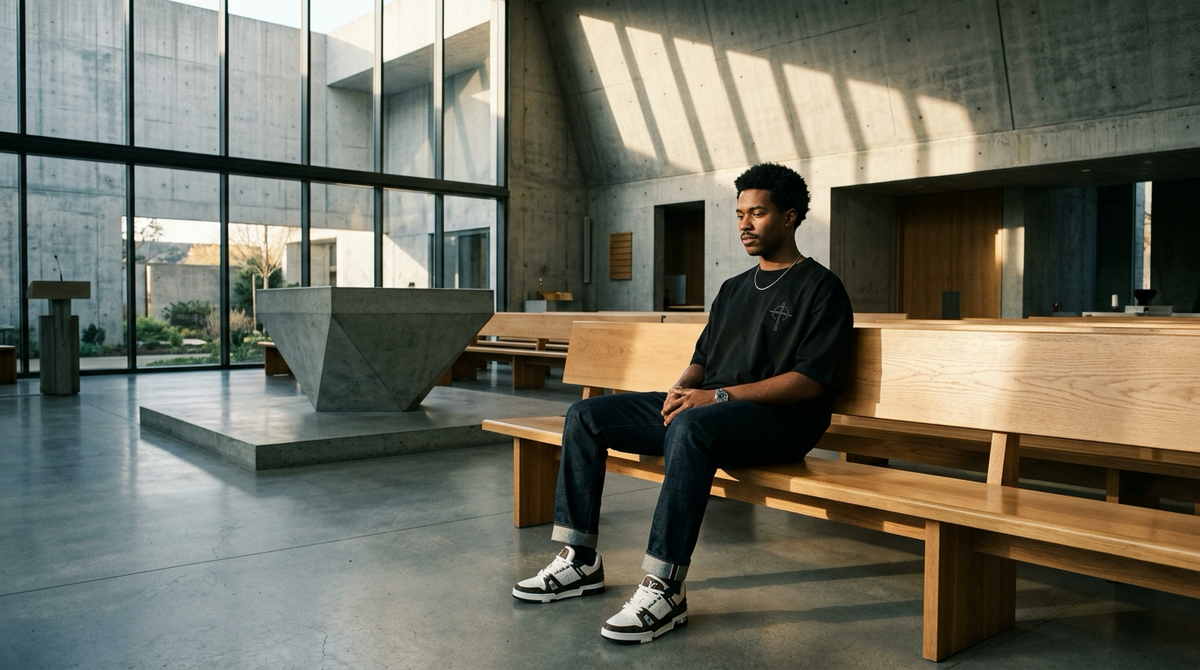 Cinematic architectural photograph of a young adult seated thoughtfully in a brutalist modern church sanctuary in stylish streetwear