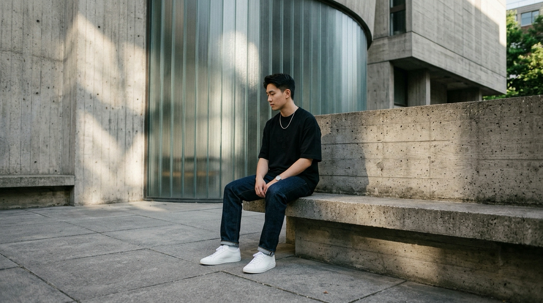Young man wearing minimalist boxy black streetwear tee sitting thoughtfully in contemporary architectural sunlit chapel space