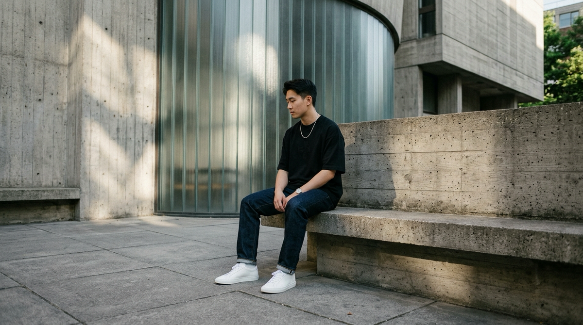 Young man wearing minimalist boxy black streetwear tee sitting thoughtfully in contemporary architectural sunlit chapel space