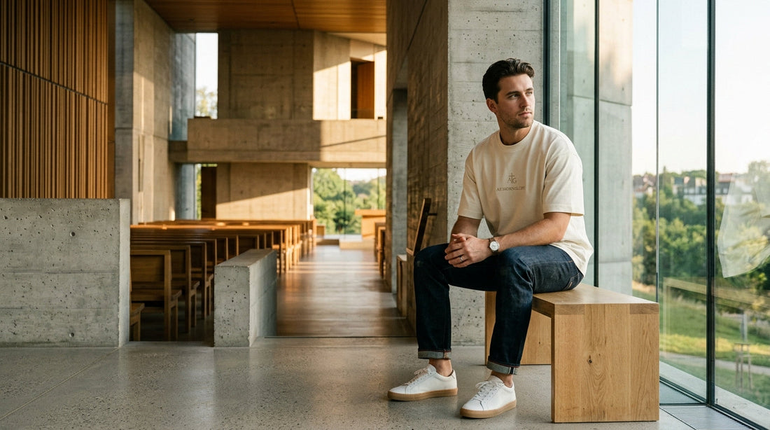 Architectural view of a minimalist modern church interior with warm wood and cast concrete