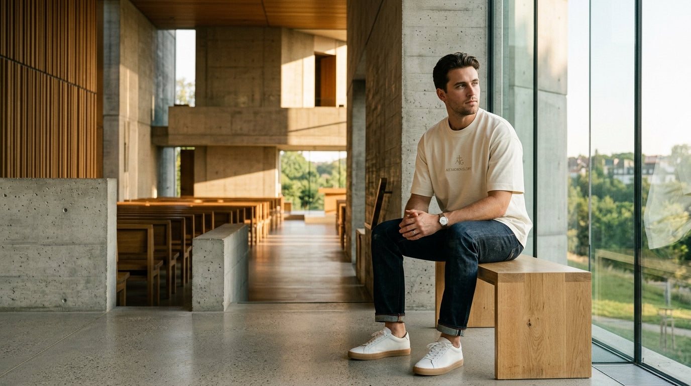 Architectural view of a minimalist modern church interior with warm wood and cast concrete