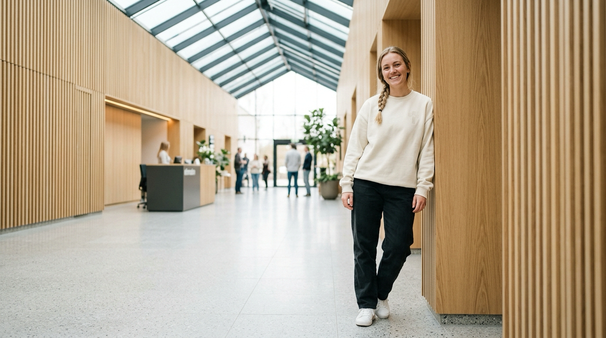 Young woman with braided hair smiling warmly in modern Scandinavian blonde oak church lobby