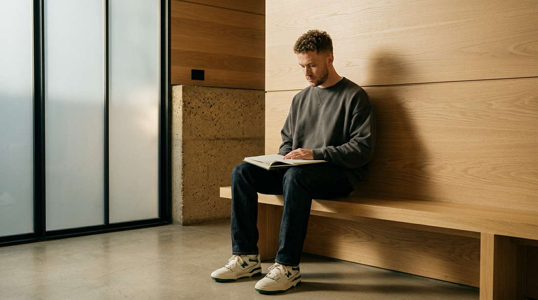 Reflective young adult in charcoal streetwear seated comfortably in a sunlit sanctuary corner with an open journal