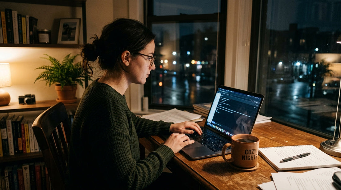 Laptop keyboard and warm mug of coffee on desk late at night