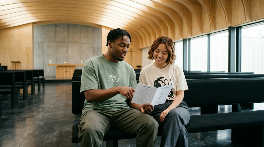 Two stylish young adults reviewing an order of service booklet in a contemporary sunlit sanctuary with blonde pine ceiling baffles