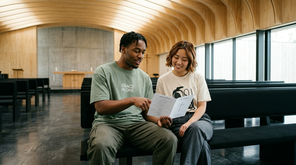 Two stylish young adults reviewing an order of service booklet in a contemporary sunlit sanctuary with blonde pine ceiling baffles