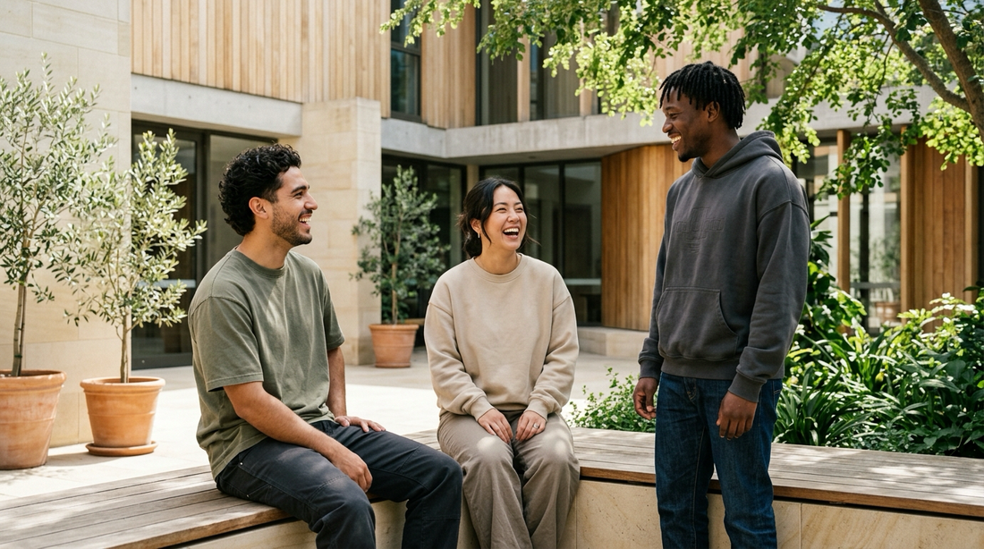 Three stylish young adults in contemporary earth-toned Christian streetwear laughing and talking together in a sunlit architectural church courtyard