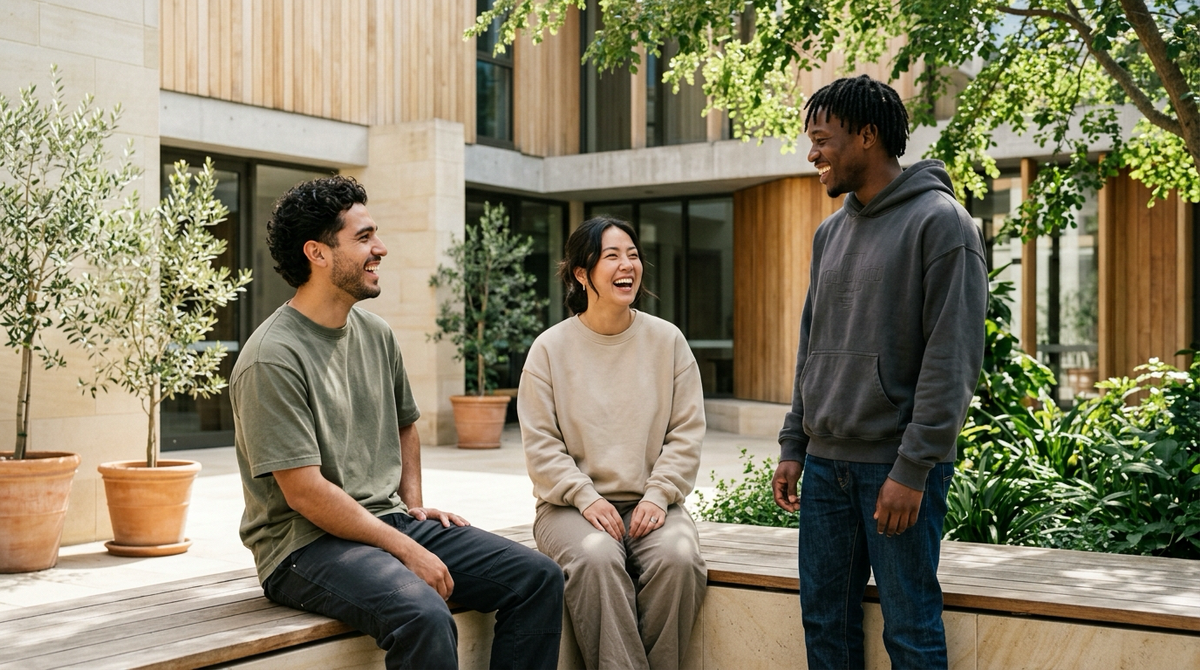 Three stylish young adults in contemporary earth-toned Christian streetwear laughing and talking together in a sunlit architectural church courtyard