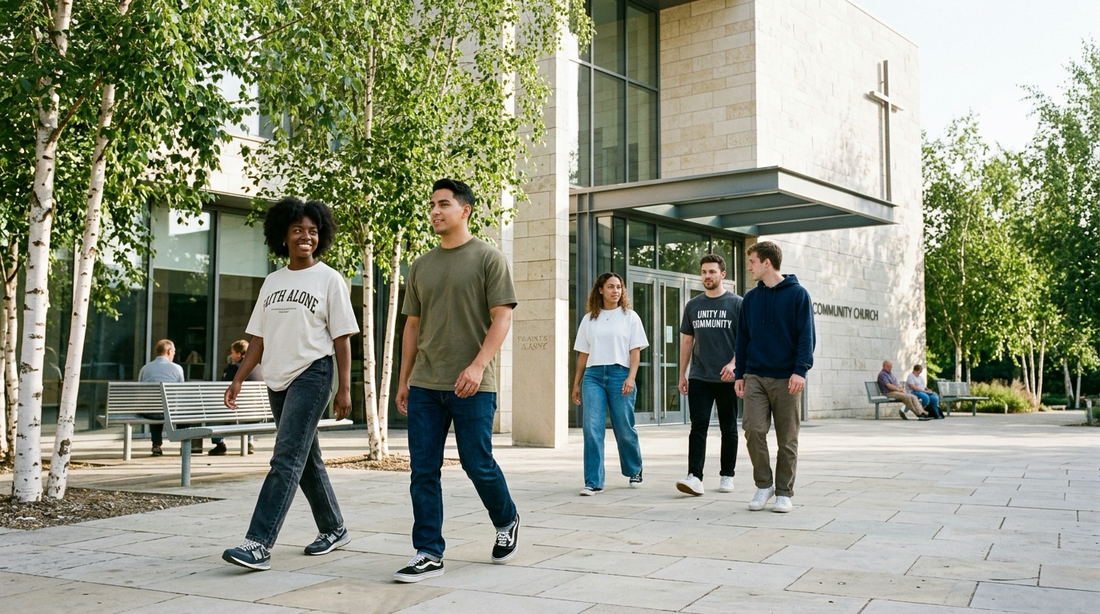 Editorial lookbook photograph of diverse believers across generations gathered warmly near modern travertine church architecture in morning sunlight
