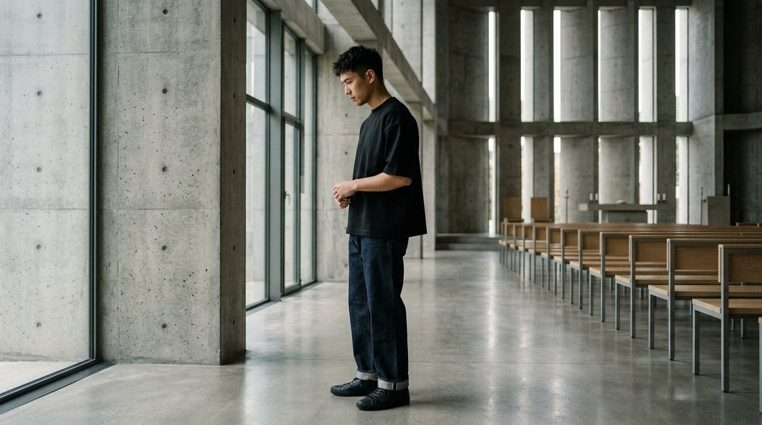A young man in a minimalist heavyweight black tee standing in a modern concrete architectural sanctuary reflecting quietly.
