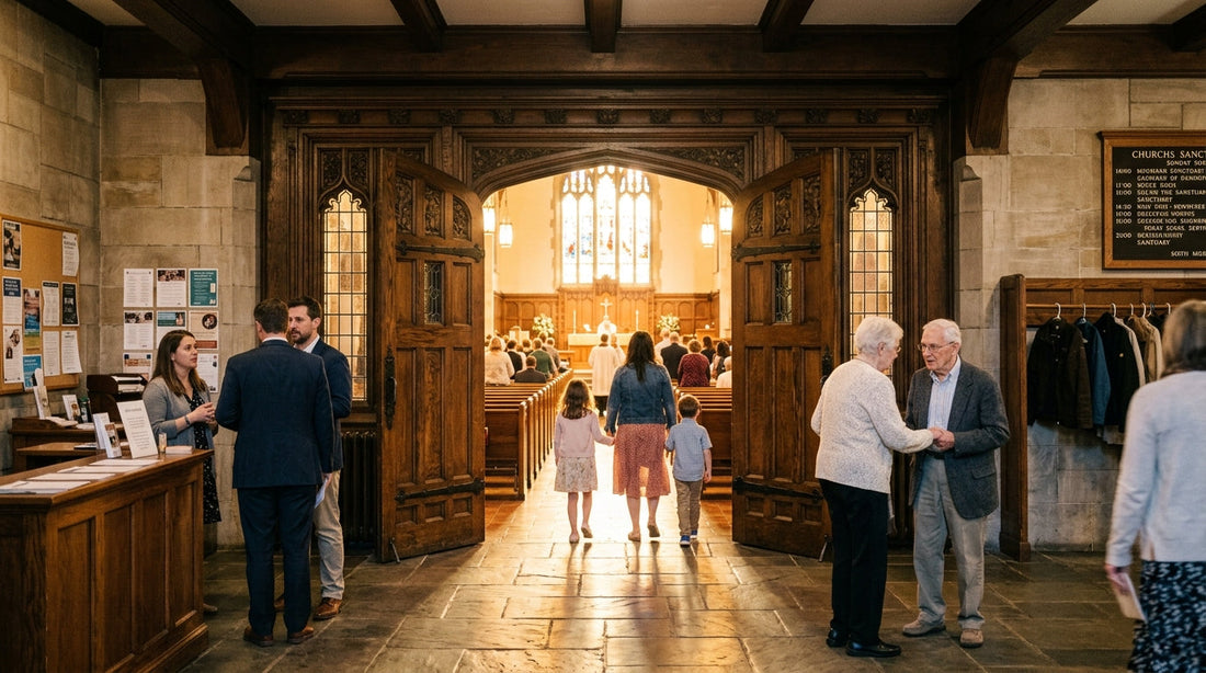 Close-up of wooden church sanctuary doors with warm light glowing through the glass