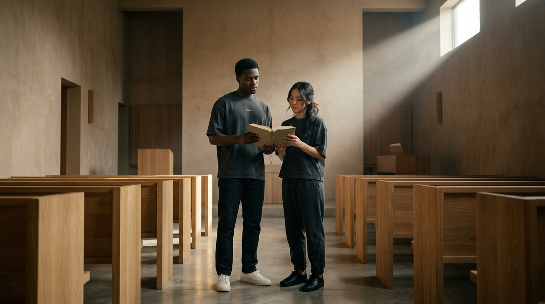 Thoughtful young Black man and Asian woman in contemporary Christian streetwear standing in peaceful reverent worship in a sunlit architectural church chapel