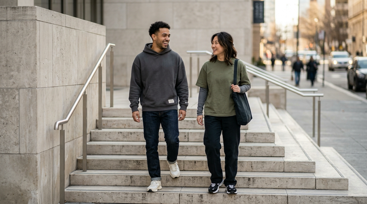Two young believers in contemporary streetwear walking down sunny limestone church steps