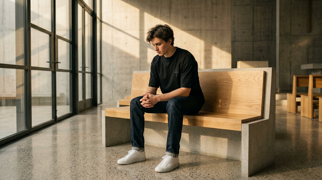 Young man wearing heavyweight black streetwear tee sitting thoughtfully on minimalist oak church bench in modern sunlit sanctuary