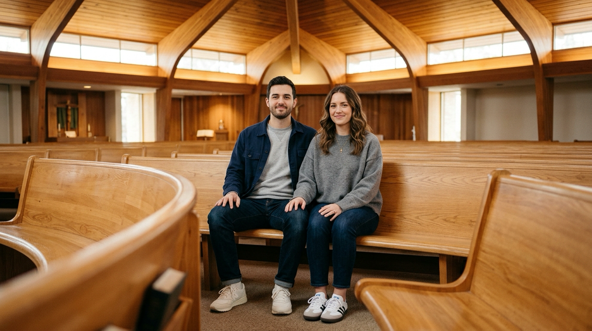 Couple sitting side-by-side in sun-warmed back row of mid-century church timber pews