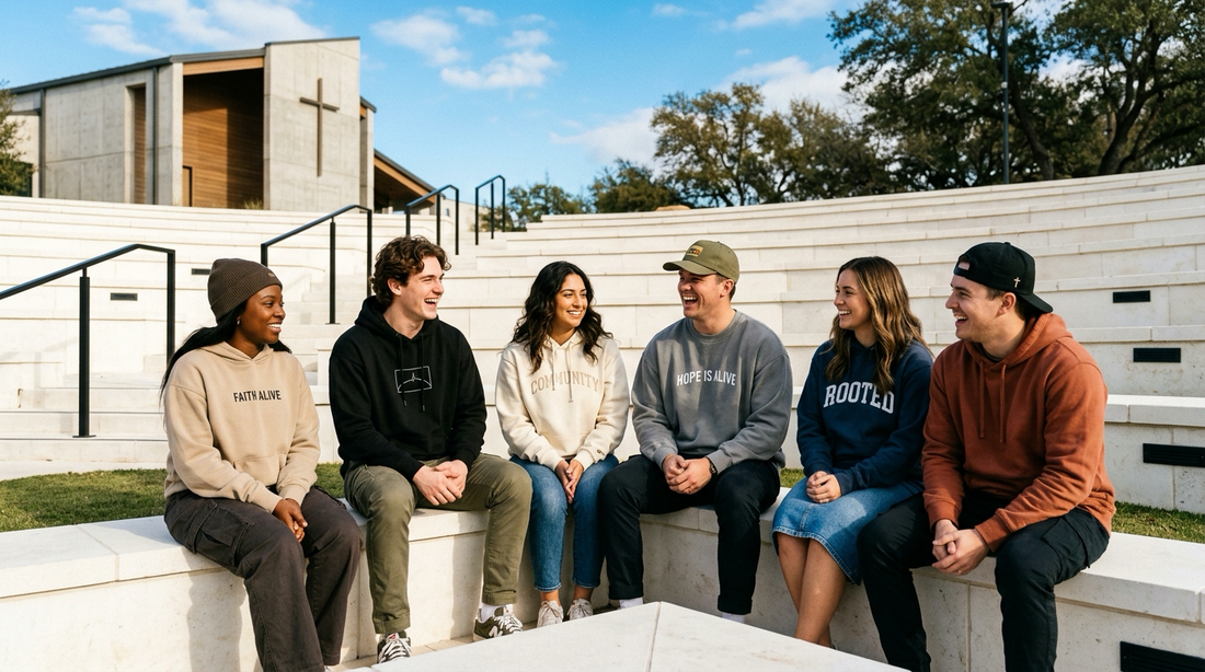 Group of contemporary young adults gathered together in casual minimalist streetwear on sunlit stone steps outside a modern church