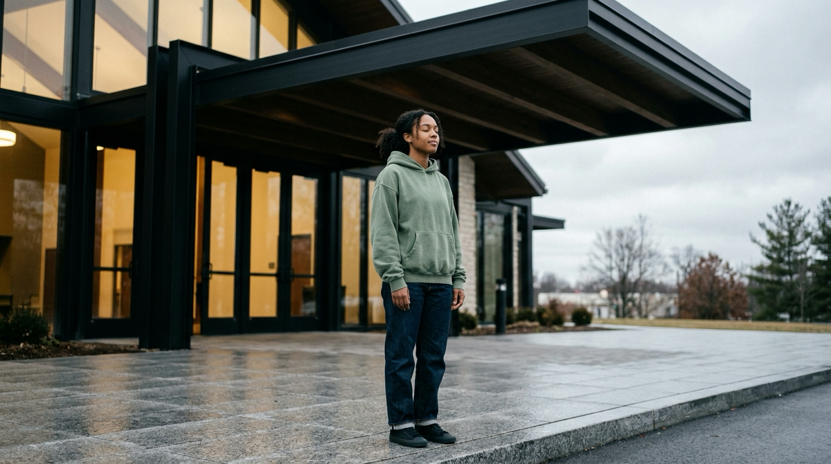 Young woman in an oversized washed sage green Christian streetwear hoodie standing calmly outside modern cantilevered glass church portico