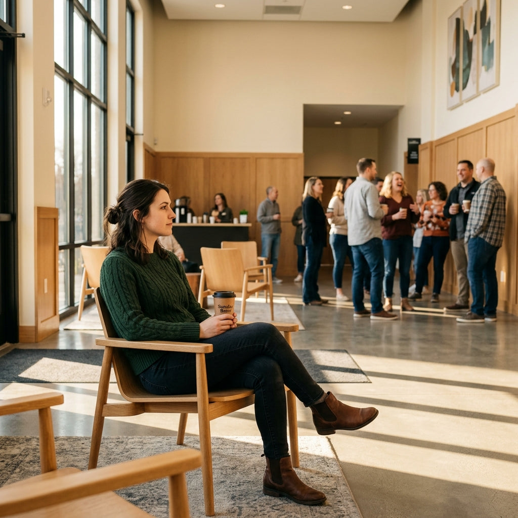 Person sitting alone in a church lobby while groups chat in the background