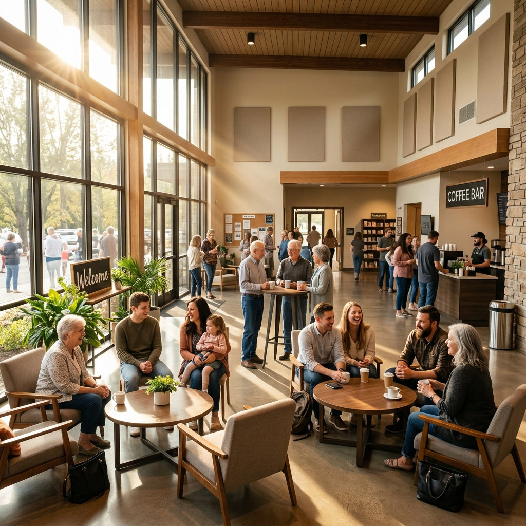 Close up of hands holding a warm coffee cup in a church lobby, blurry background of people socializing
