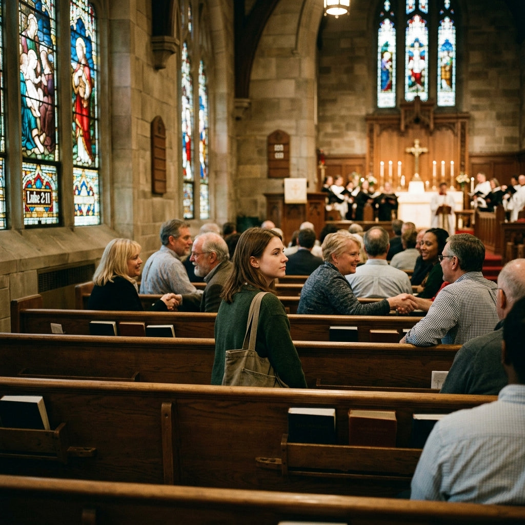 Anxious church visitor sitting in the back row wooden pew while others stand and greet each other in soft warm light