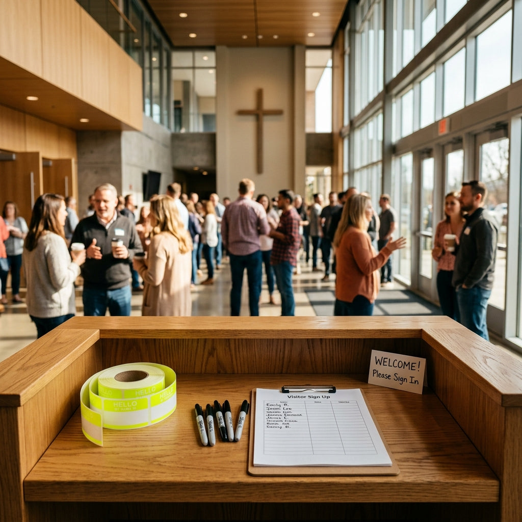 Anxious visitor looking at a church welcome table with rolls of yellow name tags and black markers in the foreground