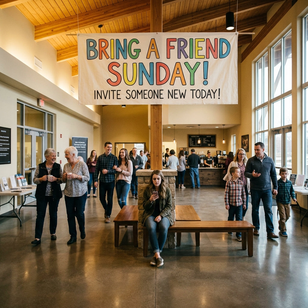Person sitting alone in a church pew looking at their phone with a guilty expression while a Bring a Friend banner hangs in the background