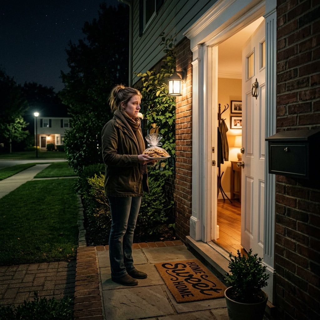 A nervous person standing outside a suburban front door holding a small plate of cookies.