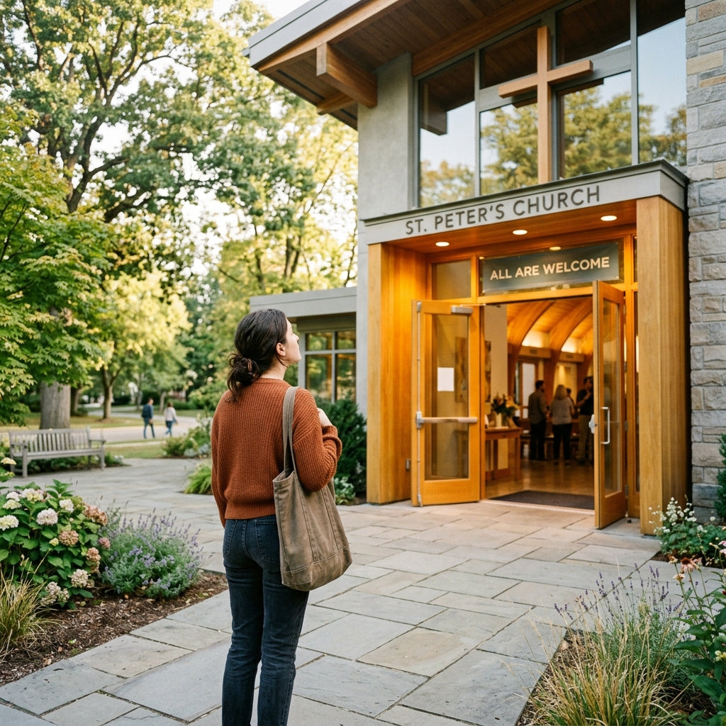 Person standing at the entrance of a welcoming modern church on a sunny morning, looking up at open doors with golden light streaming through