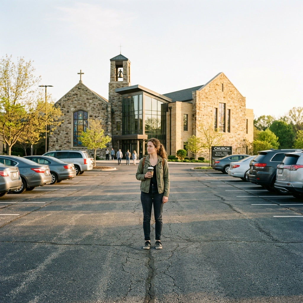 A person holding a coffee cup in a church parking lot.