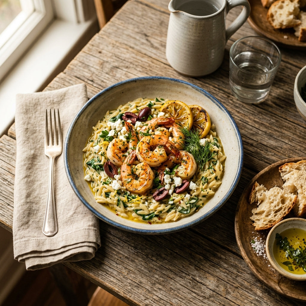 The Gathering Shore: Mediterranean Lemon-Garlic Shrimp & Orzo