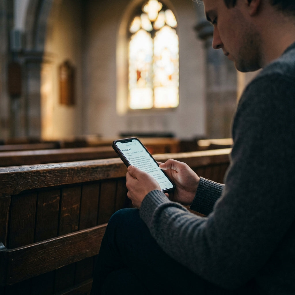 A person's hands holding a smartphone displaying highlighted text in a dimly lit church pew.